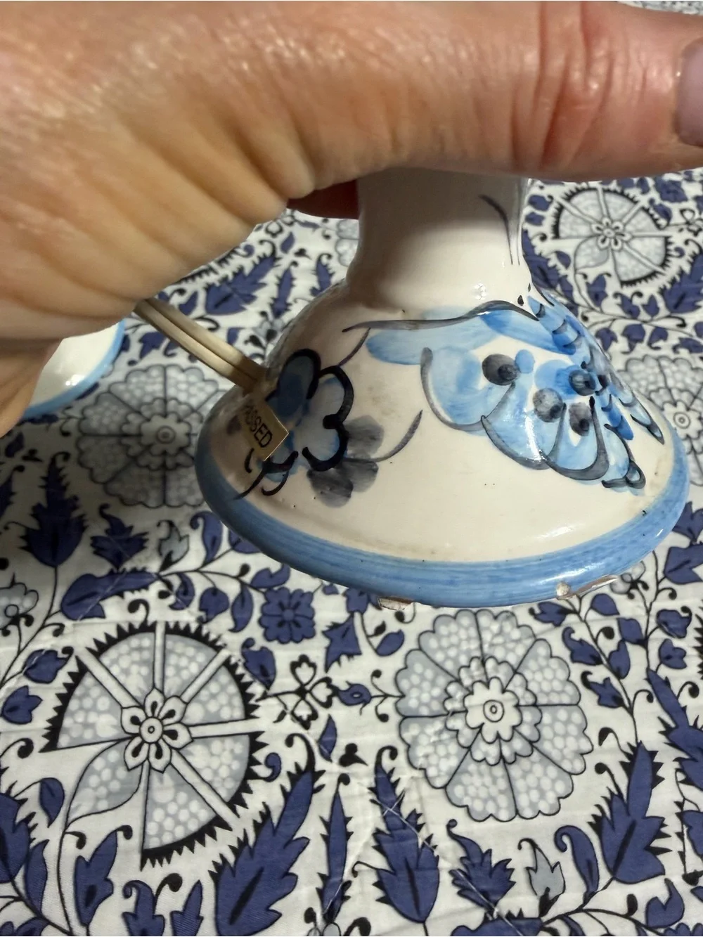 Vintage Blue and White Floral Ceramic Candlestick Lamps - Pair hand painted EUC